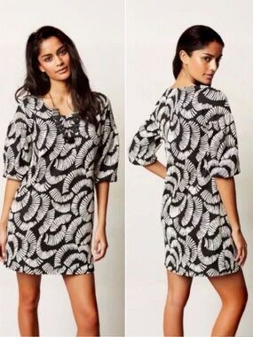MAEVE Windfall Retro White Black Mini Dress Boho Puff Sleeve M